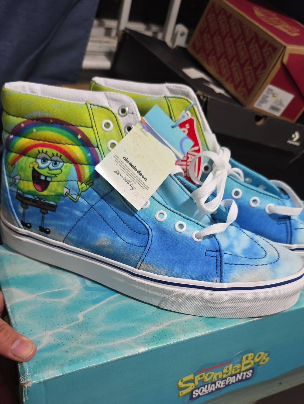 Vans Kids High-Top SpongeBob Blue Tie-Dye Sneakers with Yellow-Green Accent